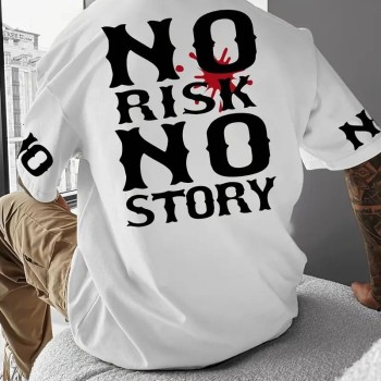 ERKEK T-Shirt  No Risk No Story Baskılı Bisiklet Yaka Tişört - Beyaz