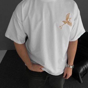Erkek T-Shirt Ön ve Arka Baskılı Oversize Bisiklet Yaka tişort - Beyaz