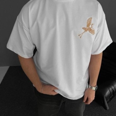 Erkek T-Shirt Ön ve Arka Baskılı Oversize Bisiklet Yaka tişort - Beyaz