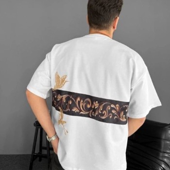 Erkek T-Shirt Ön ve Arka Baskılı Oversize Bisiklet Yaka tişort - Beyaz