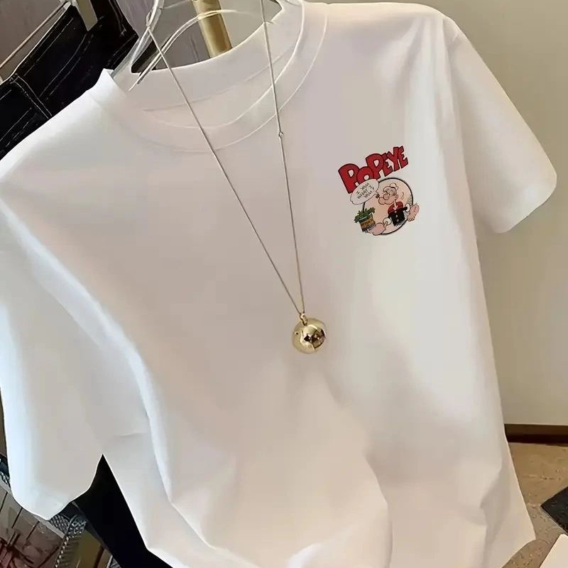 Erkek T-Shirt Oversize Kısa kol Tişört Popeye Baskılı - Beyaz