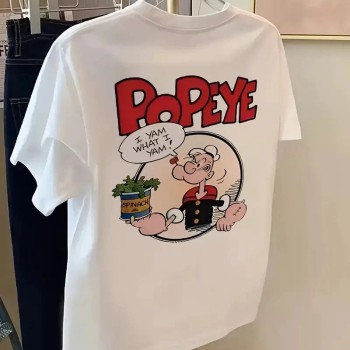 Erkek T-Shirt Oversize Kısa kol Tişört Popeye Baskılı - Beyaz