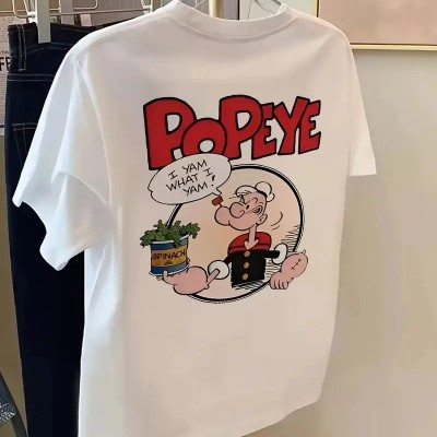 Erkek T-Shirt Oversize Kısa kol Tişört Popeye Baskılı - Beyaz