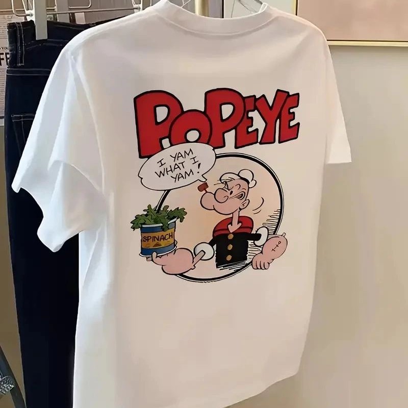 Erkek T-Shirt Oversize Kısa kol Tişört Popeye Baskılı - Beyaz