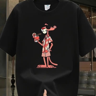 Erkek T-Shirt Pembe Panter Baskılı Kısa Kollu Tişört - Siyah