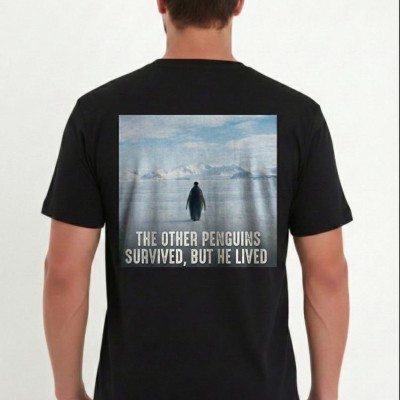 Erkek T-Shirt Penguen Baskılı Bisiklet Yaka Kısa kol yazlık Tişört - Siyah