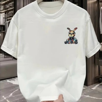 Erkek T-shirt Tavşan Baskılı Kısa Kollu Tişört - Beyaz