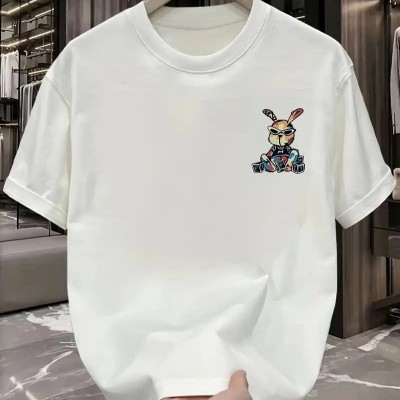 Erkek T-shirt Tavşan Baskılı Kısa Kollu Tişört - Beyaz