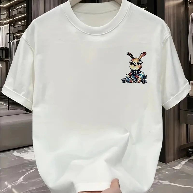 Erkek T-shirt Tavşan Baskılı Kısa Kollu Tişört - Beyaz