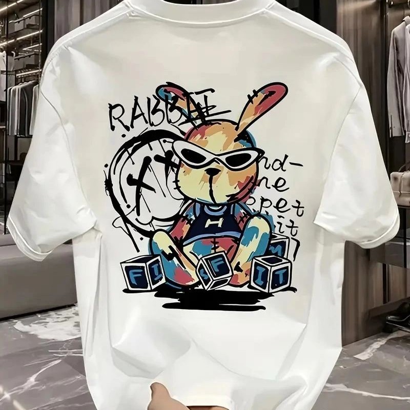 Erkek T-shirt Tavşan Baskılı Kısa Kollu Tişört - Beyaz
