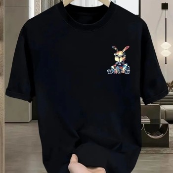 Erkek T-shirt Tavşan Baskılı Kısa Kollu Tişört - Siyah