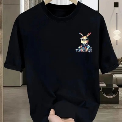 Erkek T-shirt Tavşan Baskılı Kısa Kollu Tişört - Siyah