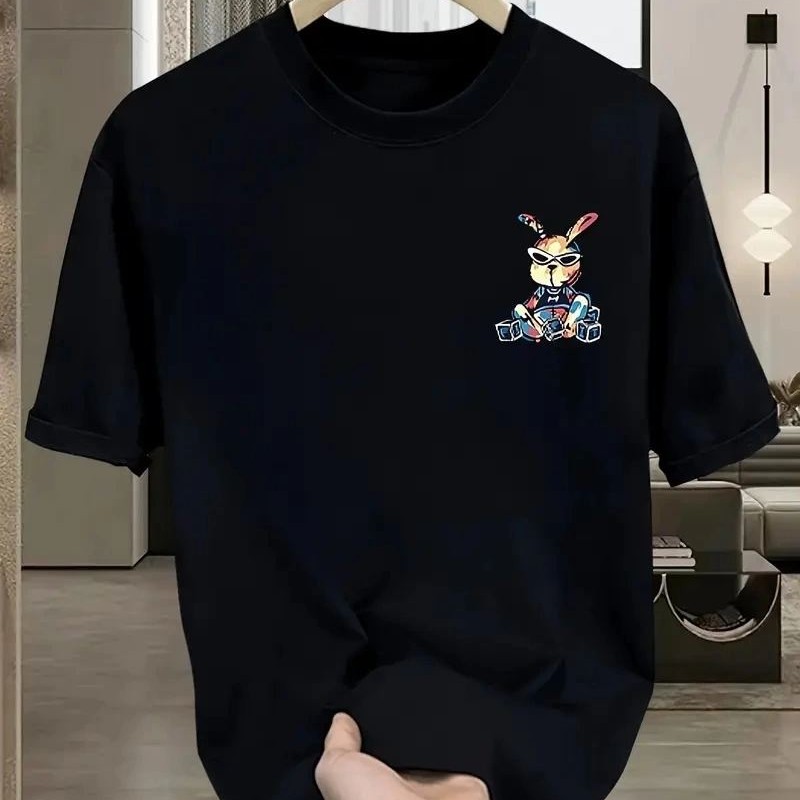 Erkek T-shirt Tavşan Baskılı Kısa Kollu Tişört - Siyah