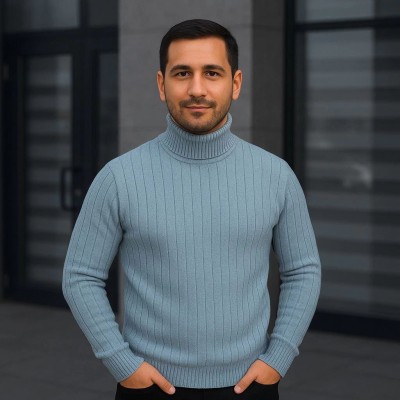 Erkek Tam Boğazlı Balıkçı Yaka Triko Kazak Kalın Fitilli - Bebek Mavisi