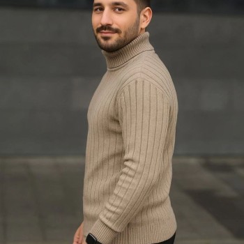 Erkek Tam Boğazlı Balıkçı Yaka Triko Kazak Kalın Fitilli - Bej