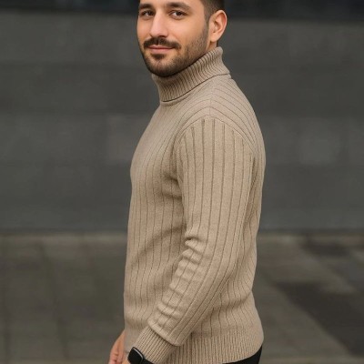 Erkek Tam Boğazlı Balıkçı Yaka Triko Kazak Kalın Fitilli - Bej