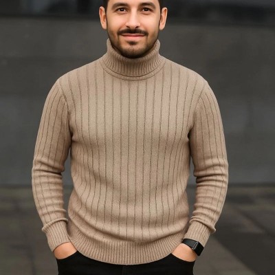Erkek Tam Boğazlı Balıkçı Yaka Triko Kazak Kalın Fitilli - Bej