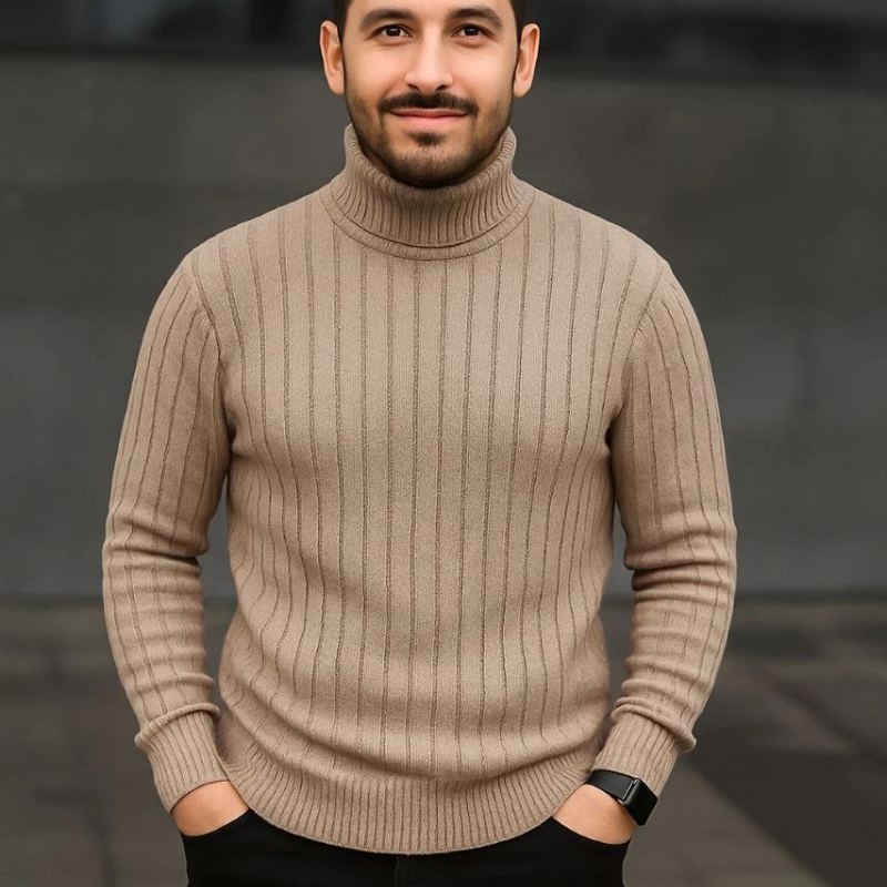 Erkek Tam Boğazlı Balıkçı Yaka Triko Kazak Kalın Fitilli - Bej