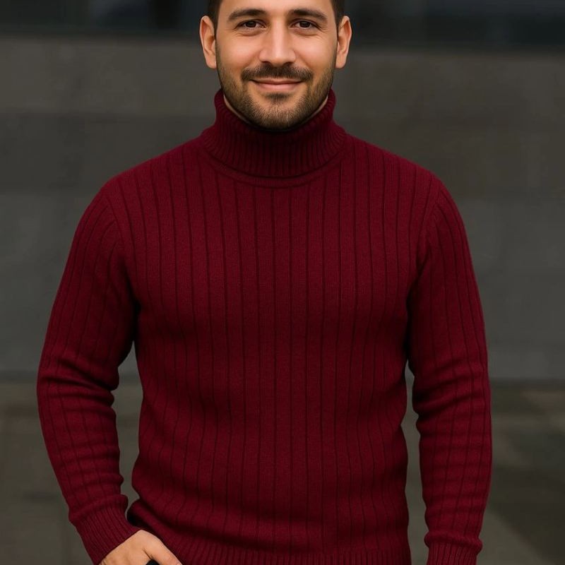 Erkek Tam Boğazlı Balıkçı Yaka Triko Kazak Kalın Fitilli - Bordo