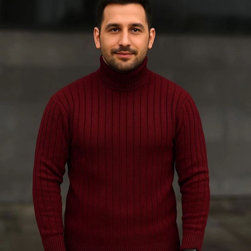Erkek Tam Boğazlı Balıkçı Yaka Triko Kazak Kalın Fitilli - Bordo