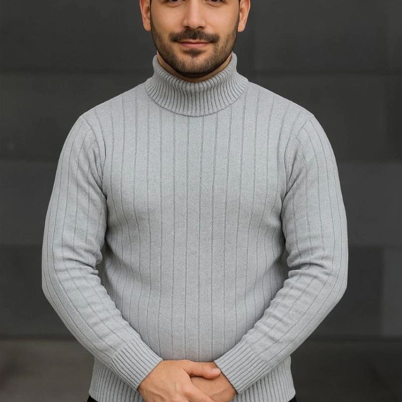 Erkek Tam Boğazlı Balıkçı Yaka Triko Kazak Kalın Fitilli -  Gri