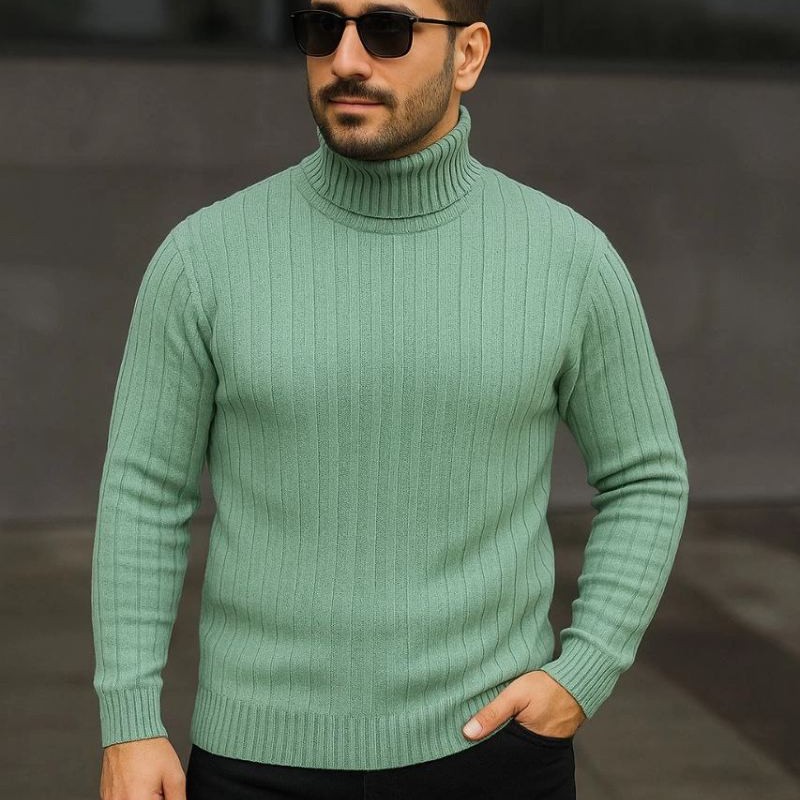 Erkek Tam Boğazlı Balıkçı Yaka Triko Kazak Kalın Fitilli - Mint Yeşili
