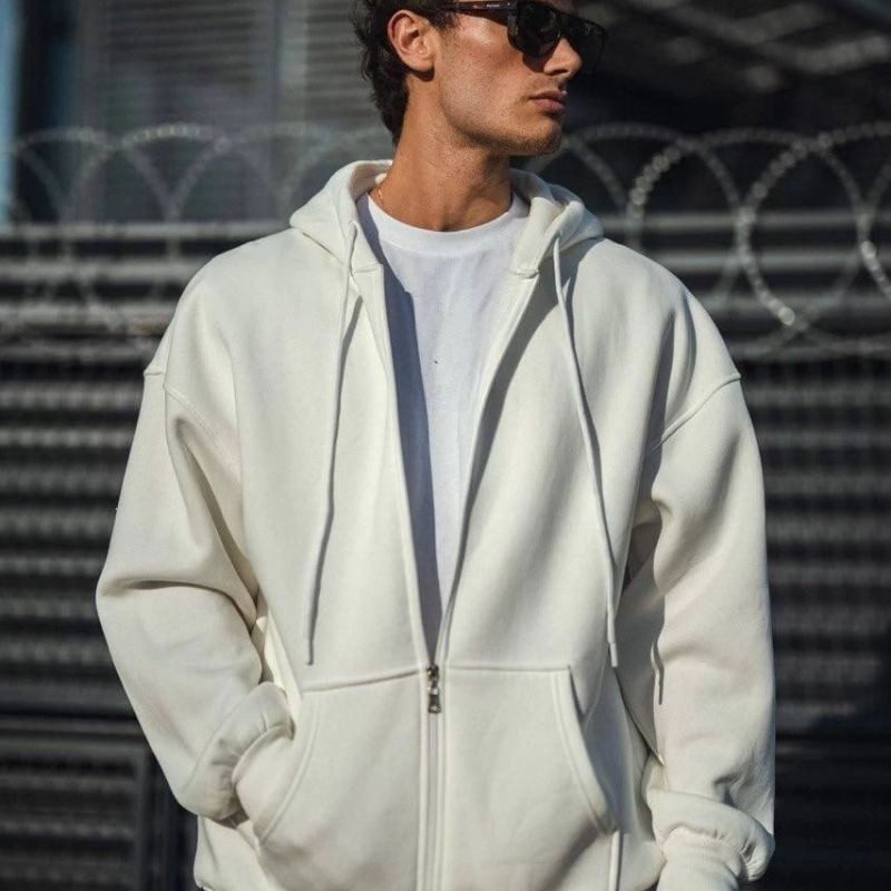 Erkek Tam Fermuarlı Cepli Kapüşonlu 3 iplik pamuklu hoodie Sweatshirt - Beyaz