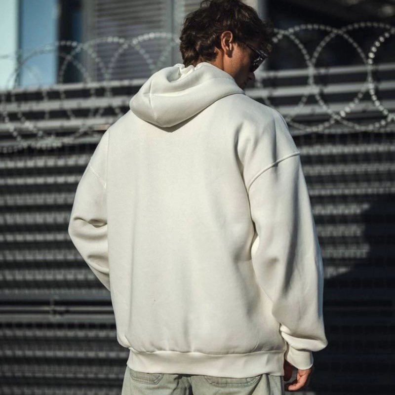 Erkek Tam Fermuarlı Cepli Kapüşonlu 3 iplik pamuklu hoodie Sweatshirt - Beyaz