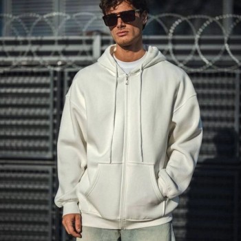 Erkek Tam Fermuarlı Cepli Kapüşonlu 3 iplik pamuklu hoodie Sweatshirt - Beyaz