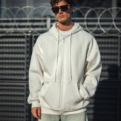 Erkek Tam Fermuarlı Cepli Kapüşonlu 3 iplik pamuklu hoodie Sweatshirt - Beyaz