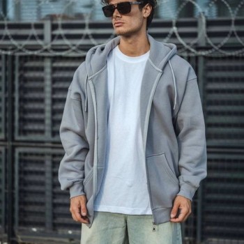 Erkek Tam Fermuarlı Cepli Kapüşonlu 3 iplik pamuklu hoodie Sweatshirt - Gri