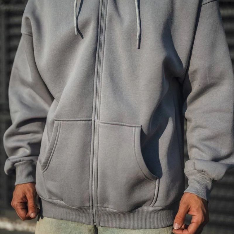 Erkek Tam Fermuarlı Cepli Kapüşonlu 3 iplik pamuklu hoodie Sweatshirt - Gri
