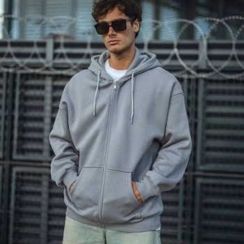 Erkek Tam Fermuarlı Cepli Kapüşonlu 3 iplik pamuklu hoodie Sweatshirt - Gri