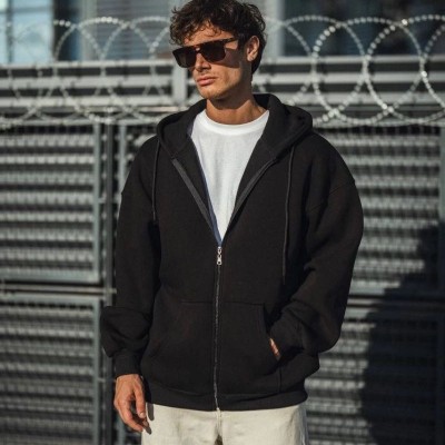 Erkek Tam Fermuarlı Cepli Kapüşonlu 3 iplik pamuklu hoodie Sweatshirt - Siyah