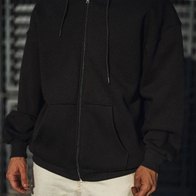 Erkek Tam Fermuarlı Cepli Kapüşonlu 3 iplik pamuklu hoodie Sweatshirt - Siyah