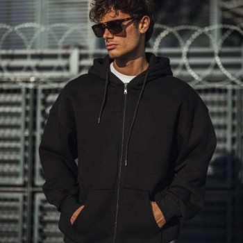 Erkek Tam Fermuarlı Cepli Kapüşonlu 3 iplik pamuklu hoodie Sweatshirt - Siyah