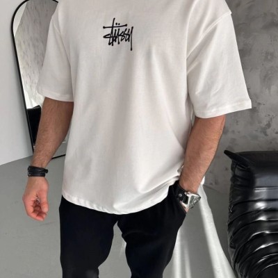 Erkek Tişört Bisiklet Yaka Baskılı Oversize Kısa kol T-Shirt - Beyaz