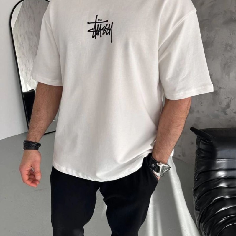 Erkek Tişört Bisiklet Yaka Baskılı Oversize Kısa kol T-Shirt - Beyaz