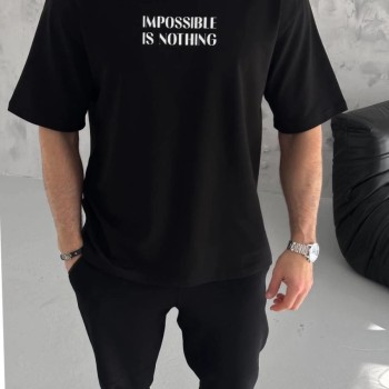 Erkek Tişört Bisiklet Yaka Baskılı Oversize Kısa kol T-Shirt - Siyah
