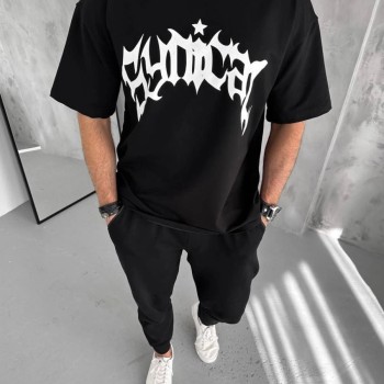 Erkek Tişört Bisiklet Yaka Baskılı Oversize Kısa kol T-Shirt - Siyah