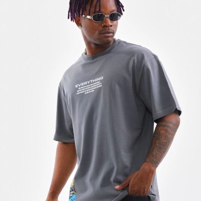 Erkek Tişort  Bisiklet Yaka Baskılı Oversize T-Shirt - Gri