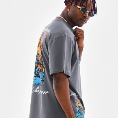 Erkek Tişort  Bisiklet Yaka Baskılı Oversize T-Shirt - Gri