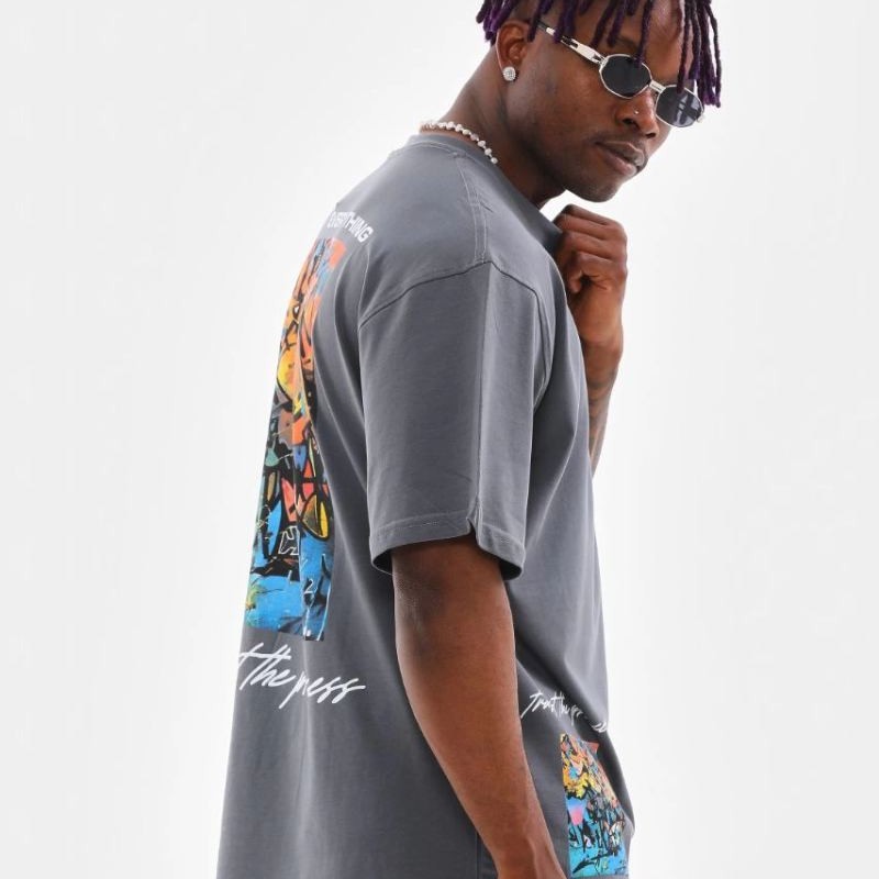 Erkek Tişort  Bisiklet Yaka Baskılı Oversize T-Shirt - Gri