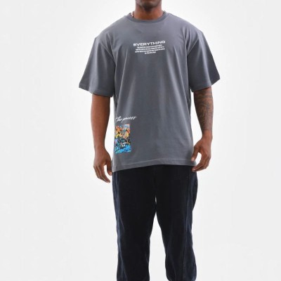 Erkek Tişort  Bisiklet Yaka Baskılı Oversize T-Shirt - Gri
