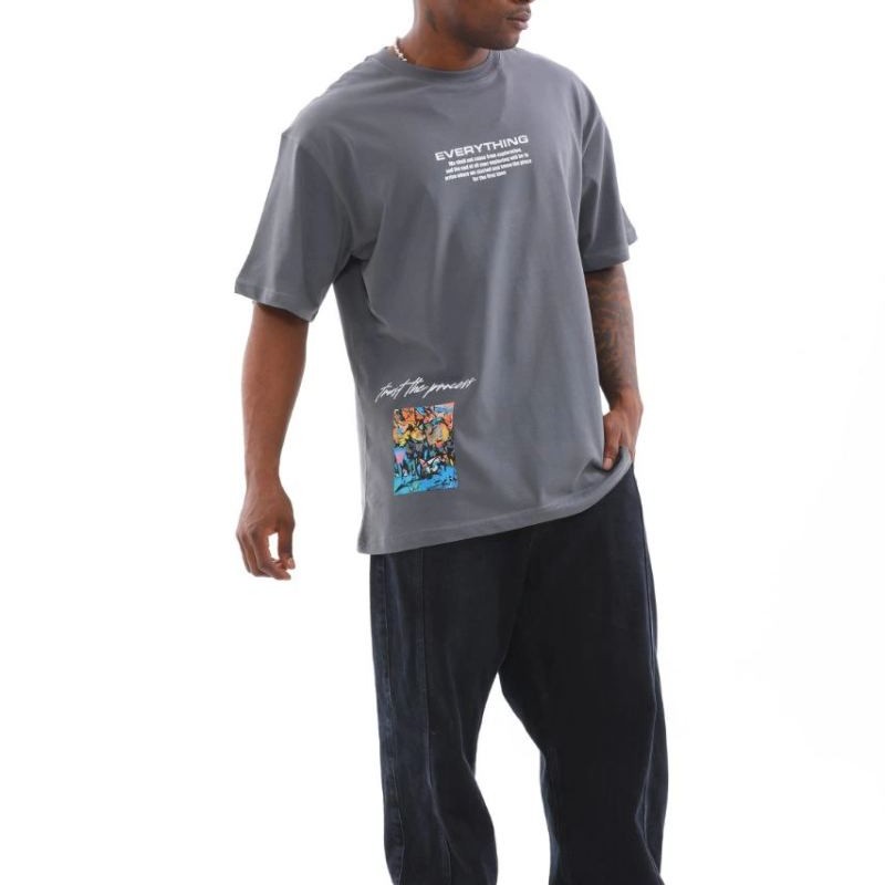 Erkek Tişort  Bisiklet Yaka Baskılı Oversize T-Shirt - Gri