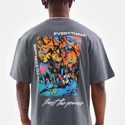 Erkek Tişort  Bisiklet Yaka Baskılı Oversize T-Shirt - Gri