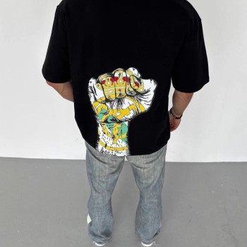 ERKEK Tişört Bisiklet Yaka Baskılı Oversize T-Shirt - Siyah
