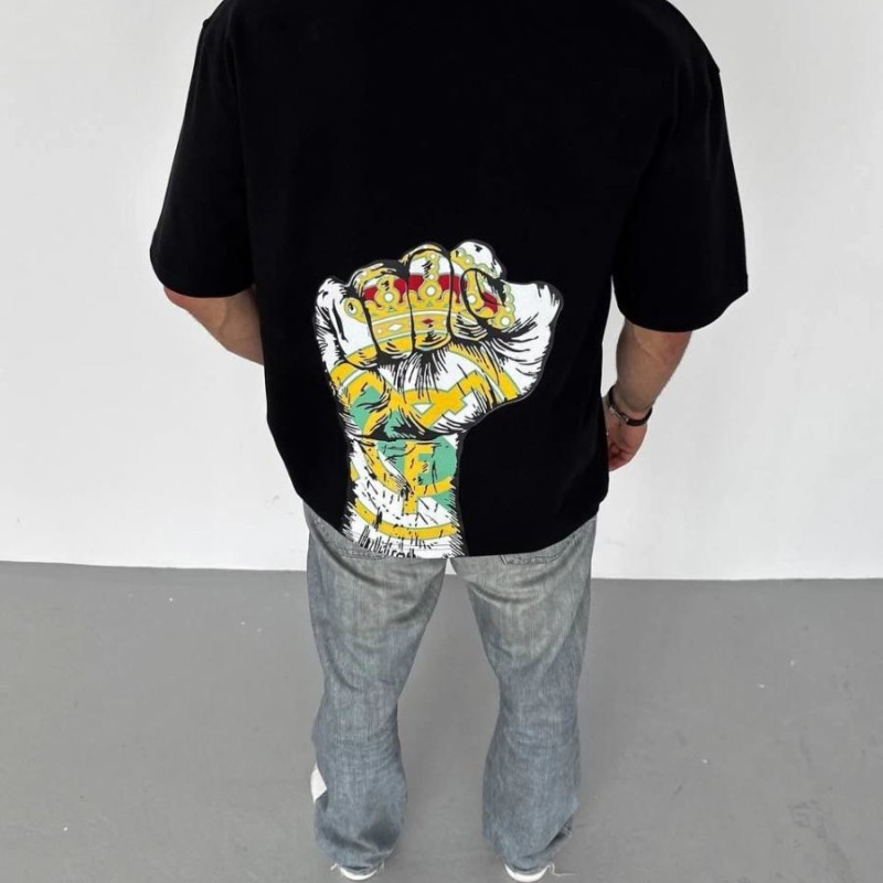 ERKEK Tişört Bisiklet Yaka Baskılı Oversize T-Shirt - Siyah