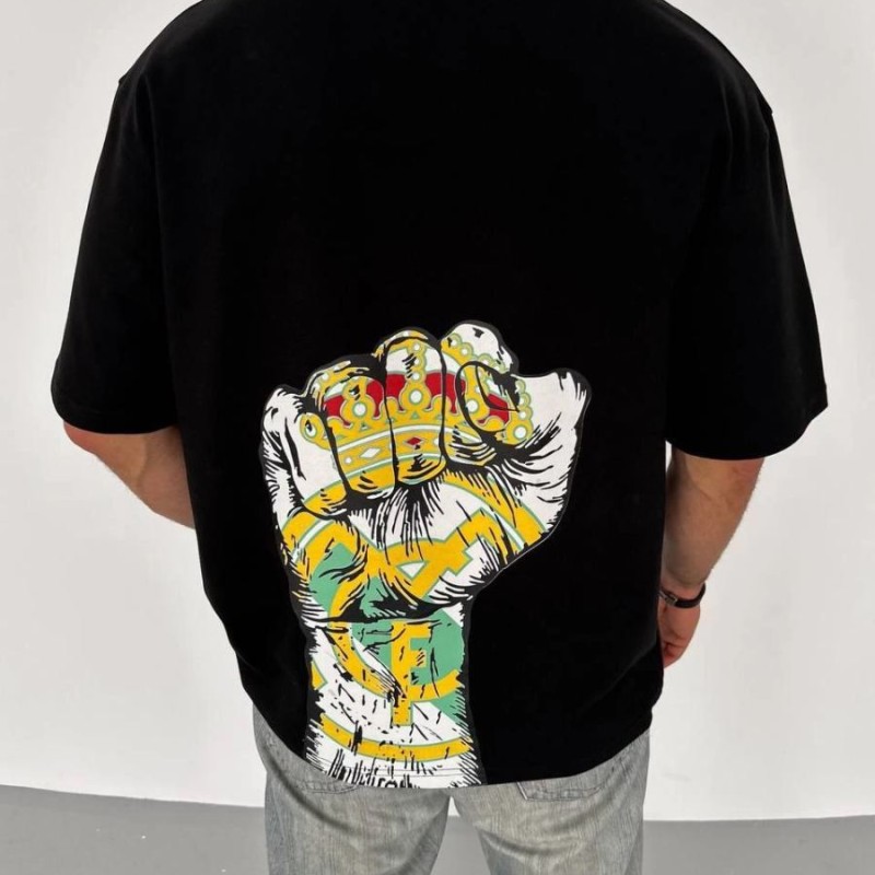 ERKEK Tişört Bisiklet Yaka Baskılı Oversize T-Shirt - Siyah