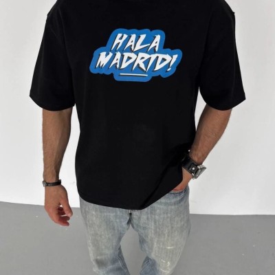ERKEK Tişört Bisiklet Yaka Baskılı Oversize T-Shirt - Siyah